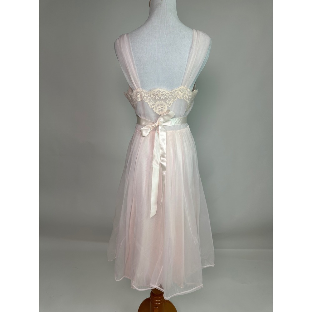 Vintage 1950s Van Raalte Baby Pink Nightgown Lace Nylon Sheer Babydoll Slip - Picture 5 of 7